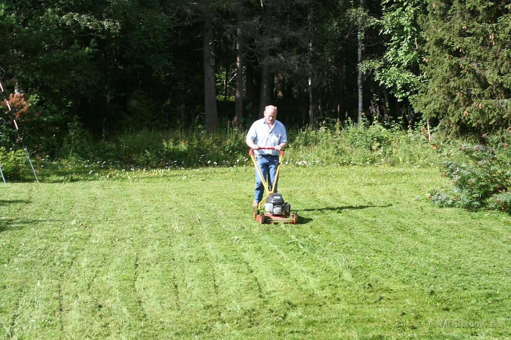 IMG_2259.JPG - Chefen kör första varvet med gräsklipparen och behovet av trimning gräs - mossa var stort
